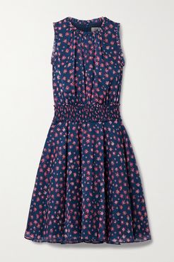 Shirred Floral-print Chiffon Dress - Navy