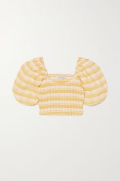Net Sustain Robina Cropped Shirred Checked Linen Top - Yellow