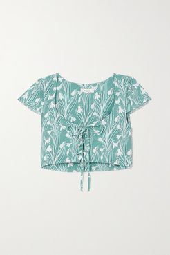Net Sustain Arielle Cropped Lace-up Floral-print Stretch-crepe Top - Green