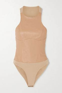 Cutout Leather And Stretch-knit Bodysuit - Beige