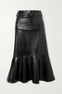 palmer//harding - Leuca Fluted Snake-effect Faux Leather Midi Skirt - Black