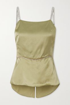 Open-back Crystal-embellished Silk-satin Top - Army green
