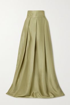 Pleated Silk-satin Maxi Skirt - Army green