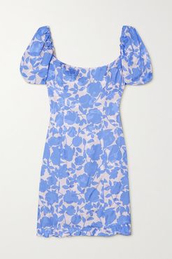 Koko Floral-print Satin-jacquard Mini Dress - Blue