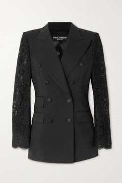 Double-breasted Topstitched Wool-blend And Lace Blazer - Black