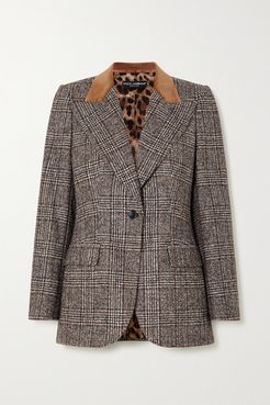 Velvet-trimmed Prince Of Wales Checked Wool-blend Blazer - Gray