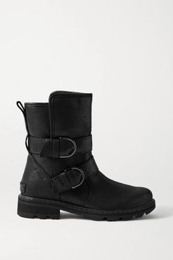 Lennox Moto Cozy Buckled Shearling-lined Waterproof Brushed-leather Ankle Boots - Black