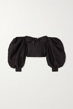 Cropped Off-the-shoulder Bow-embellished Herringbone Satin Top - Black