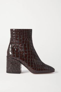 Croc-effect Glossed-leather Ankle Boots - Dark brown