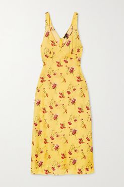 Printed Silk-trimmed Satin Midi Dress - Yellow
