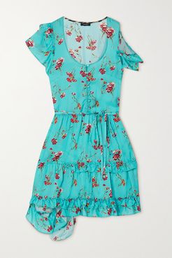 Cold-shoulder Ruffled Floral-print Satin Mini Dress - Blue