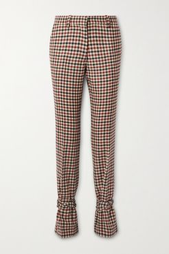 Bow-embellished Checked Wool Straight-leg Pants - Red