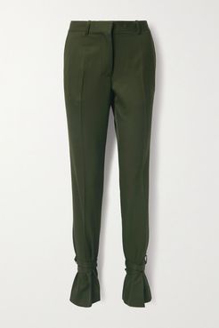 Bow-embellished Wool Straight-leg Pants - Dark green
