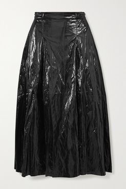 Malia Belted Pleated Crinkled Coated Satin-twill Midi Skirt - Black