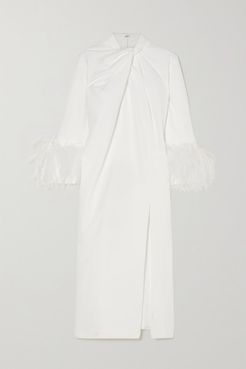 Fujiko Feather-trimmed Knotted Crepe Midi Dress - White