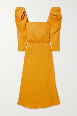 Lotus And Beetle Belted Textured Woven Midi Dress - Yellow
