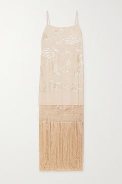 Palm Gold Fringed Embroidered Silk Crepe De Chine Maxi Dress - Ivory