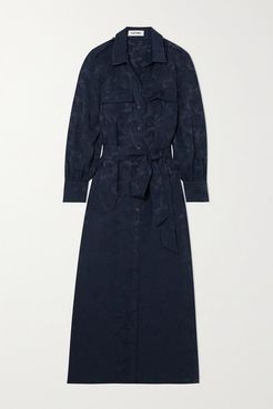 Robyn Belted Satin-jacquard Midi Shirt Dress - Navy