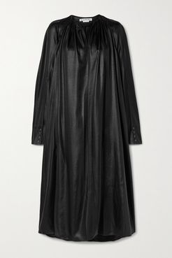 Gathered Satin Midi Dress - Black