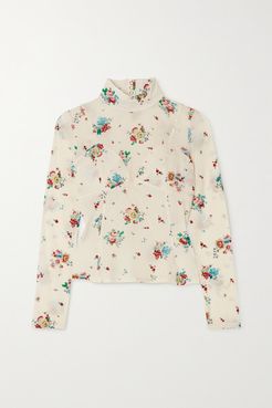 Floral-print Stretch-crepe Turtleneck Top - Ivory