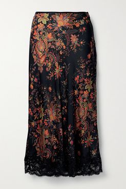 Lace-trimmed Floral-print Satin Midi Skirt - Black