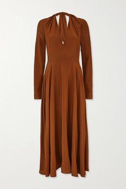 Cutout Gathered Silk Midi Dress - Brown