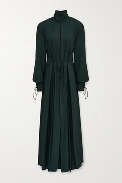 Belted Pleated Twill Midi Dress - Emerald