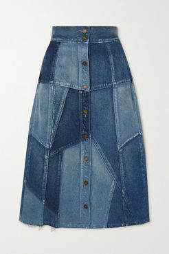 Patchwork Denim Midi Skirt - Blue