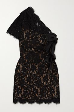 One-sleeve Bow-embellished Lace Mini Dress - Black