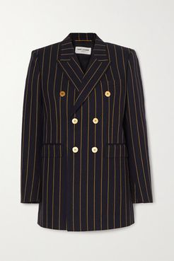 Double-breasted Pinstriped Wool-twill Blazer - Navy