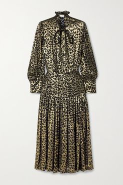 Pussy-bow Pleated Leopard-print Fil Coupé Silk-blend Lamé Midi Dress - Black