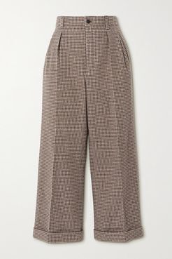 Cropped Pleated Houndstooth Wool Wide-leg Pants - Brown