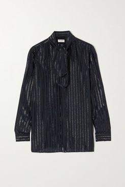 Tie-neck Striped Metallic Silk-blend Shirt - Navy