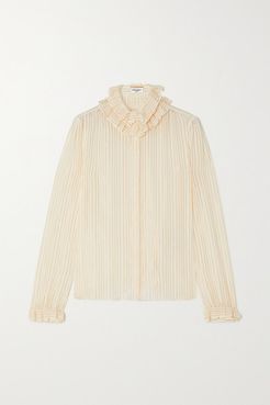 Ruffled Striped Metallic Silk-blend Shirt - White
