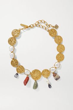 Gold-tone, Quartz And Pearl Necklace