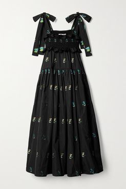 Mika Ruffled Embroidered Taffeta Midi Dress - Black