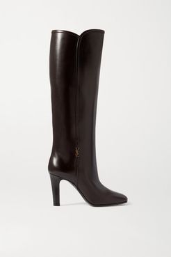 Blu Embellished Leather Knee Boots - Brown