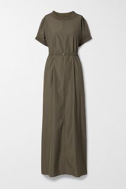 Mafalda Belted Silk-blend Jersey-trimmed Poplin Maxi Dress - Army green