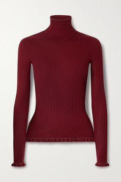 Arzino Ruffled Ribbed Cashmere And Silk-blend Turtleneck Sweater - Red