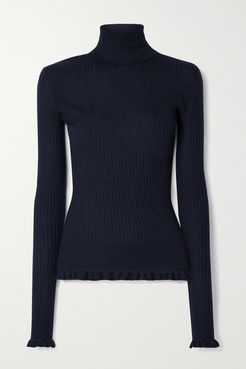 Arzino Ruffled Ribbed Cashmere And Silk-blend Turtleneck Sweater - Navy