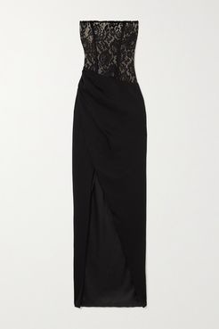Strapless Asymmetric Gathered Lace And Crepe Gown - Black