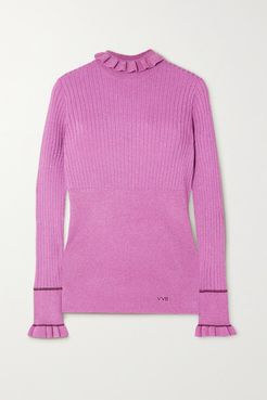 Ruffled Metallic Ribbed-knit Sweater - Lilac