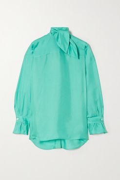 Tie-neck Silk-twill Blouse - Turquoise