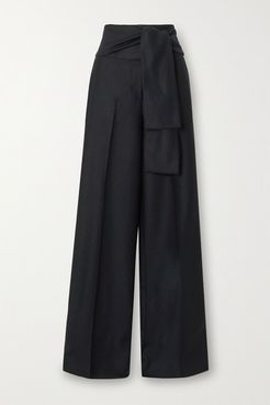 Belted Pleated Wool-twill Wide-leg Pants - Midnight blue