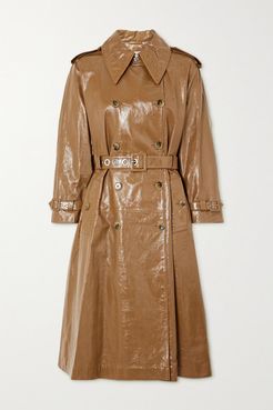 Belted Double-breasted Crinkled Glossed-leather Trench Coat - Tan
