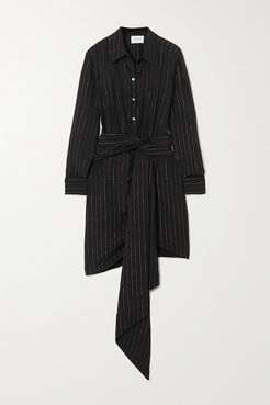 Draped Belted Striped Crepe Mini Shirt Dress - Black