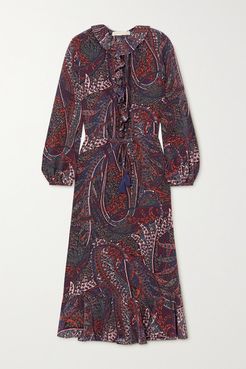 Pryska Ruffled Paisley-print Chiffon Midi Dress - Burgundy