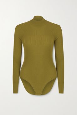 Cutout Ribbed-knit Bodysuit - Army green