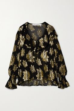 Labra Ruffled Metallic Fil Coupé Chiffon Blouse - Black