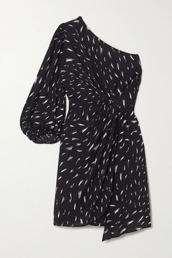 Akubra One-sleeve Gathered Printed Crepe Mini Dress - Black